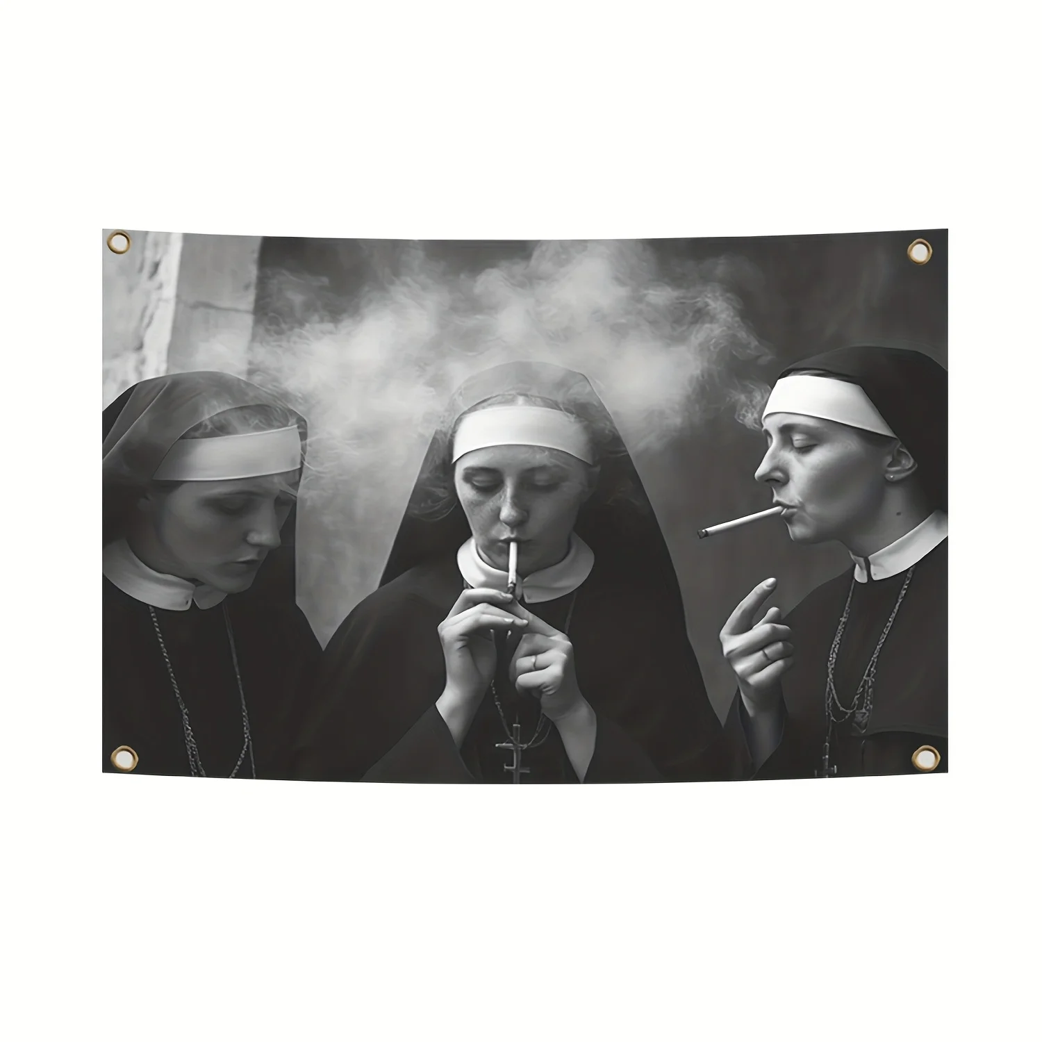 Retro B&W Nun Smoking Flag – 3x5 ft Polyester Art for Home Decor, Dorm, Bedroom, Living Room