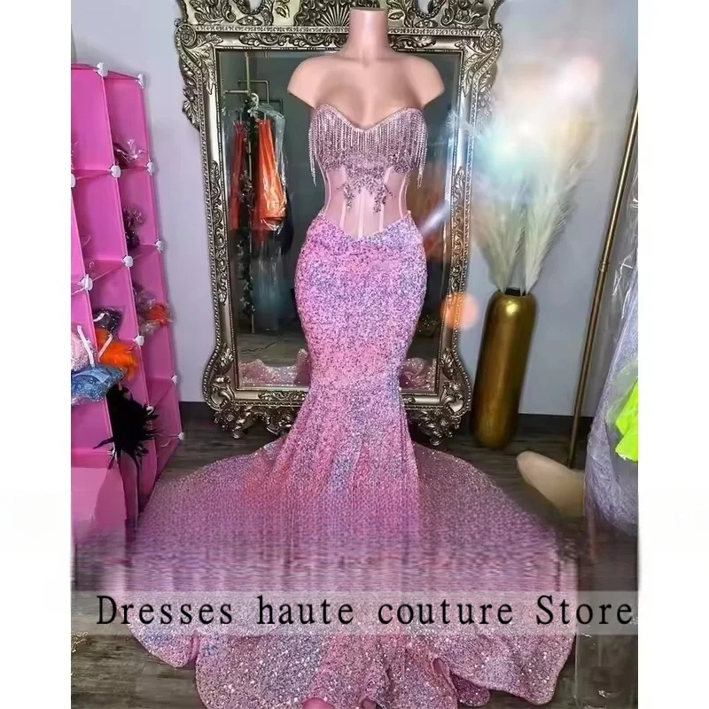 2026 Sexy rose paillettes glands longues robes de bal filles noires diamant grande taille sirène robes de soirée formelles pour fille noire personnalisé