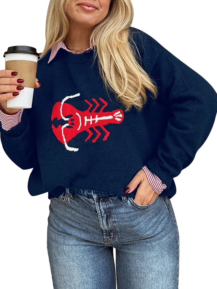 

Women s Crab Sweater Crew Neck Long Sleeve Pullover Knit Tops Casual Streetwear for Autumn Winter Season