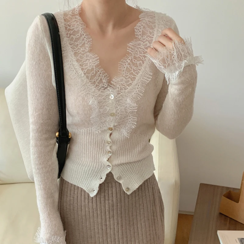 Black Lace Women Sweater Korean Elegant Knitted Slim Female Casual Cardigan Autumn Retro Patchwork V Neck Ladies Crop Tops