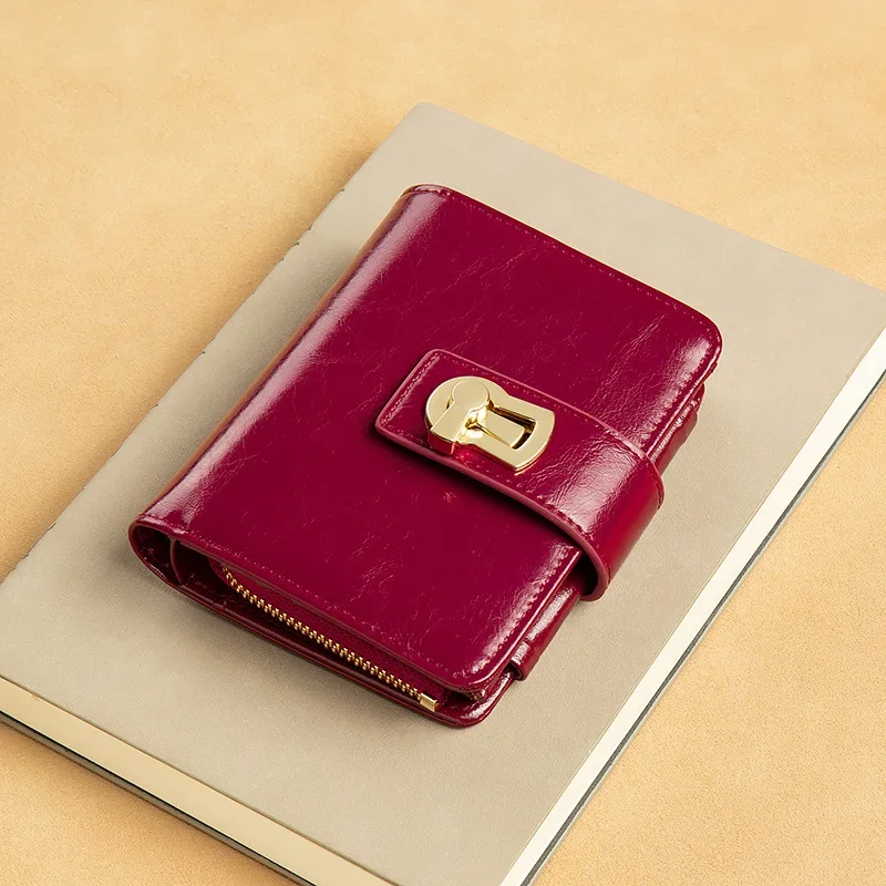 Small Wallet for Women Genuine Leather Designer Metal Lock Luxury Short Female Purses Card Holder Ladies Clutch Coin  Money Bags