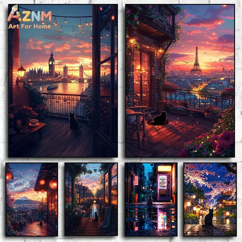 AZNM Cute Black Cat City View Canvas Poster Frameless Wall Art Paris London Tokyo Sunset Balcony Cherry Blossom Night Scene Prin