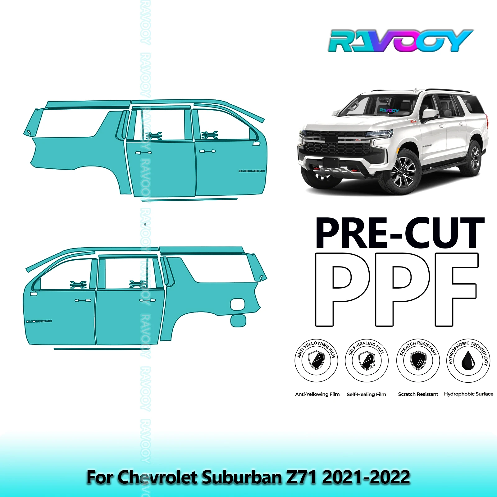 

For Chevrolet Suburban Z71 2021-2022 8.5mil Clear Matte Pre-Cut PPF Door & A/B Pillar Kit TPU Paint Protection Film Set