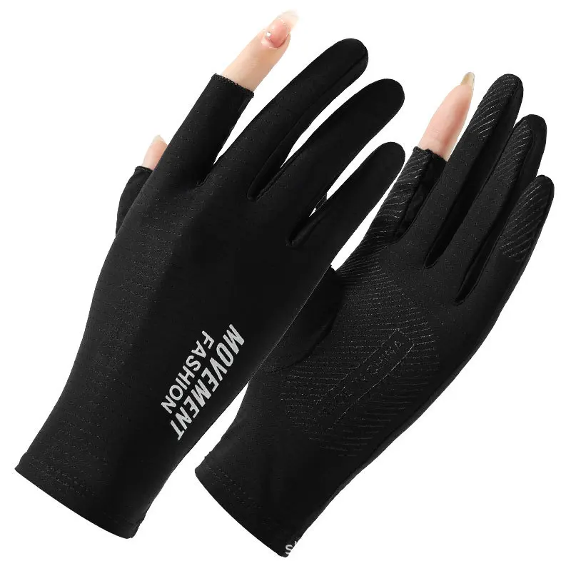 Summer Thin Breathable Two Finger Gloves for Women Elastic Ice Silk Sunscreen Gloves Driving Riding Gloves