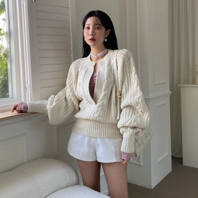 Women's Thick Line Big Twist Knitted Loose Sweater Pullover Fashion Casual Crochet Round Neck Sweaters Solid Color New Knitwear