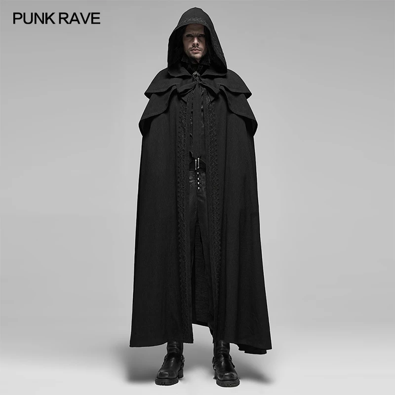 Punk Rave Rock Black Rococo Simple Long Men's Cloak,Gothic Party Jacket with hat WY1177