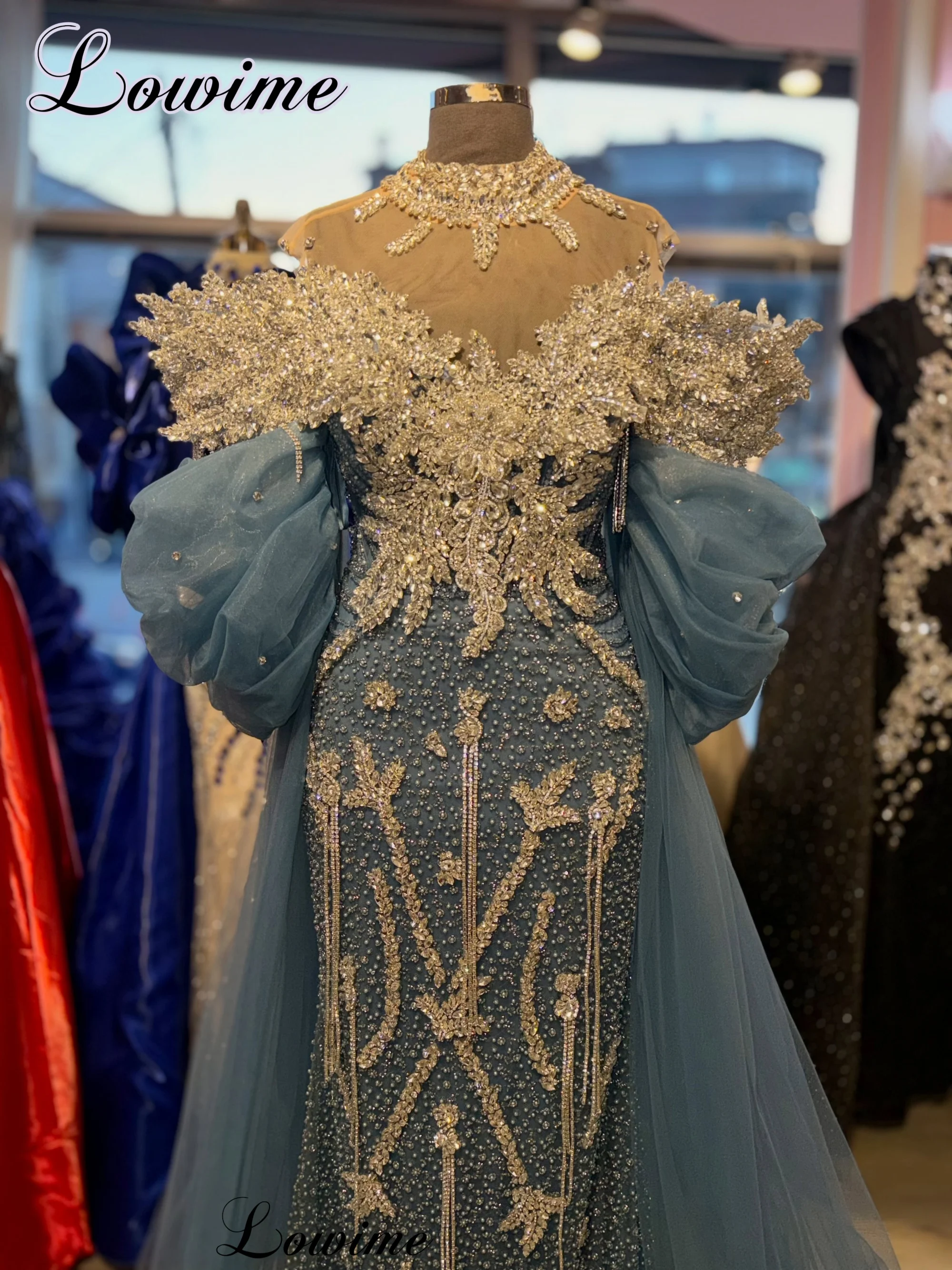 Newest Blue Evening Dresses Luxury Sparkly Crystals Celebrity Dresses Mermaid Off Shoulder Prom Dress Robe De Soirée Customized