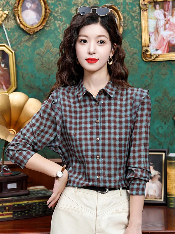 

Женская рубашка в корейском стиле с длинным рукавом в клетку, повседневная, приталенная, для весеннего гардероба, из полиэстера