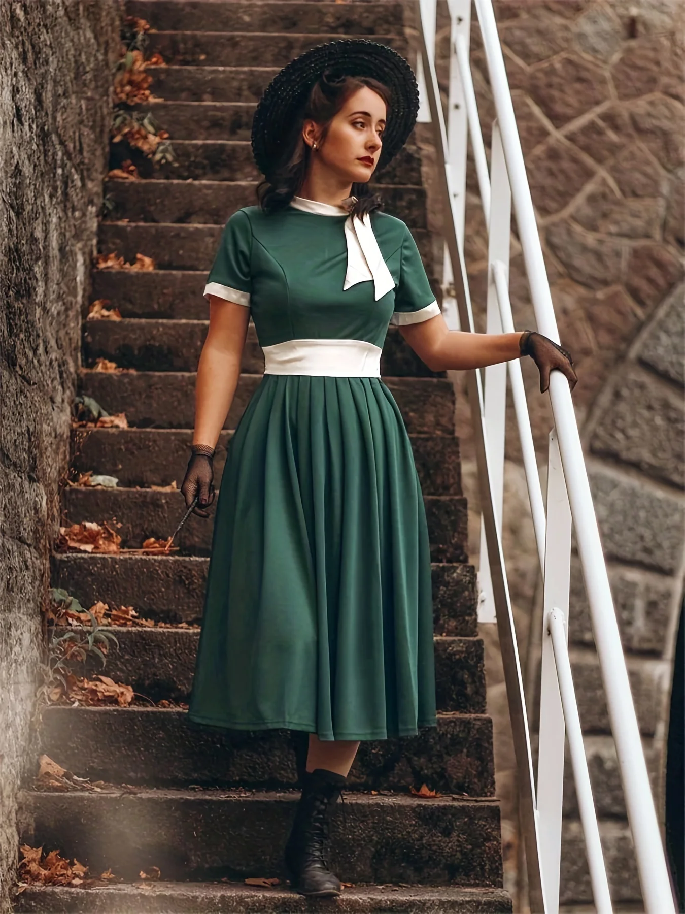 

Женское летнее элегантное платье больших размеров в стиле ретро с галстуком-стойкой и бантом, белый пояс, большая юбка с подолом до колена, эластичное платье из полиэфирного волокна