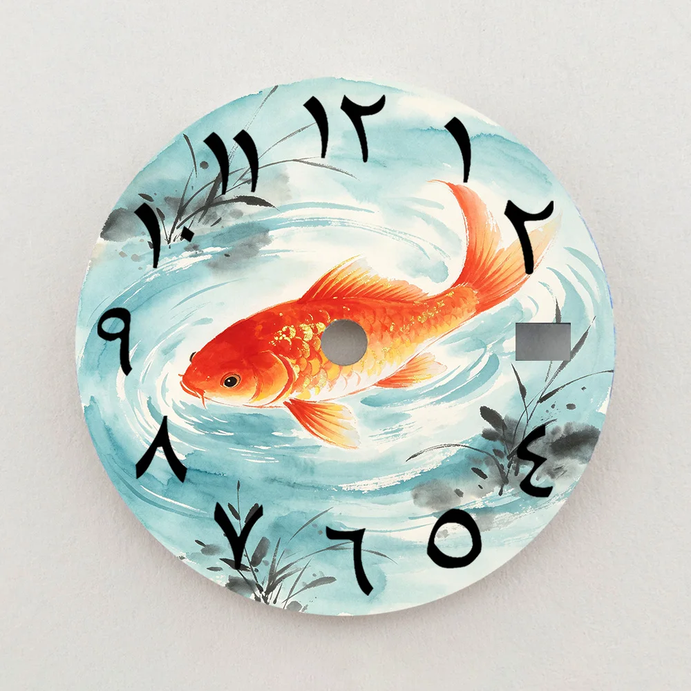 28.5mm Dial NH35 Dial Oriental Ink Wash Lucky Red Koi Carp Dial Arabic Numeral NH36 Dial Watch Accessories Fits NH35/36 Movement