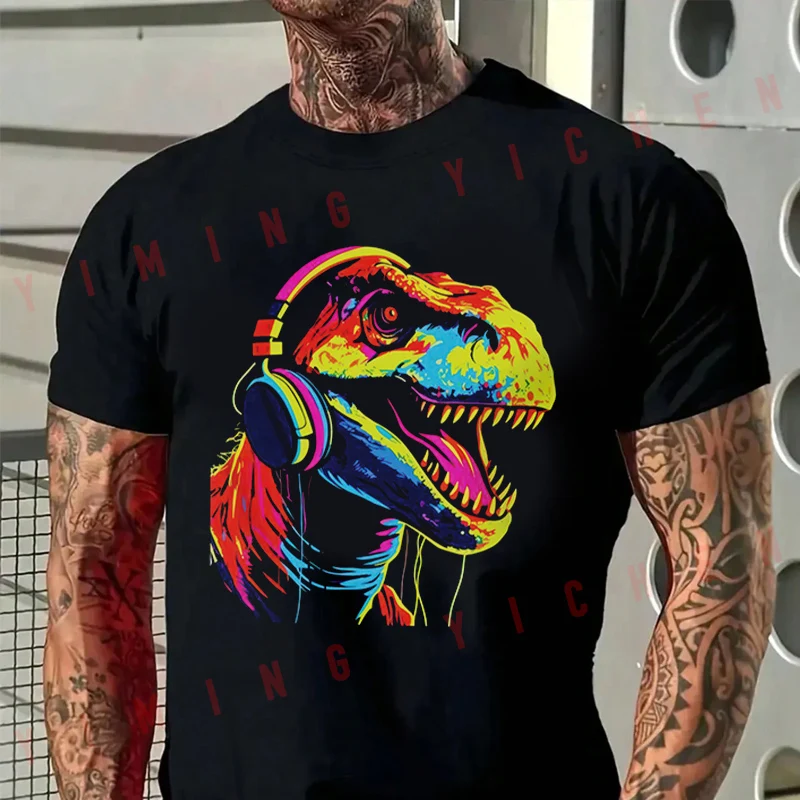 

Colorful Dinosaur Print Motorcycle Men's Casual Moto T-Shirt Cotton Short Sleeve Shirt Summer Breathable Tops Tee