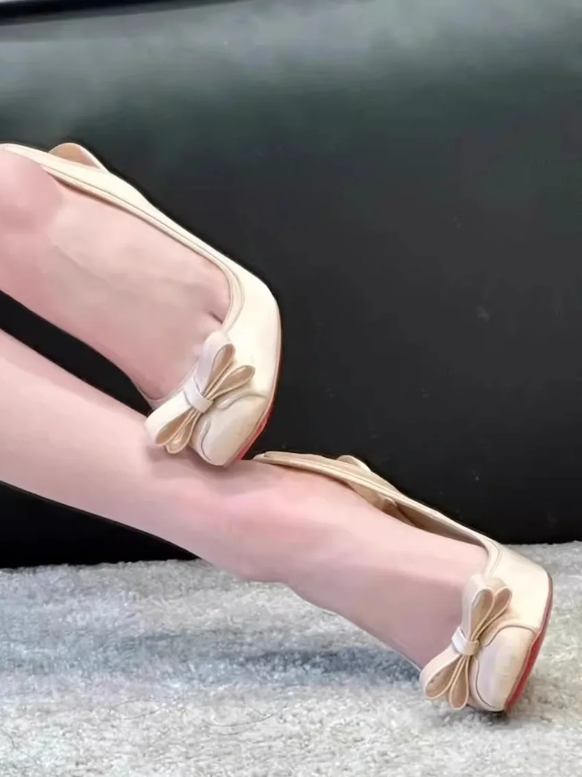 

Vintage Satin Pink Back Straps Pumps Bow-Knot Ballet-Style Closed-Toe Sandals Princess Women Shoes Chaussure Femme