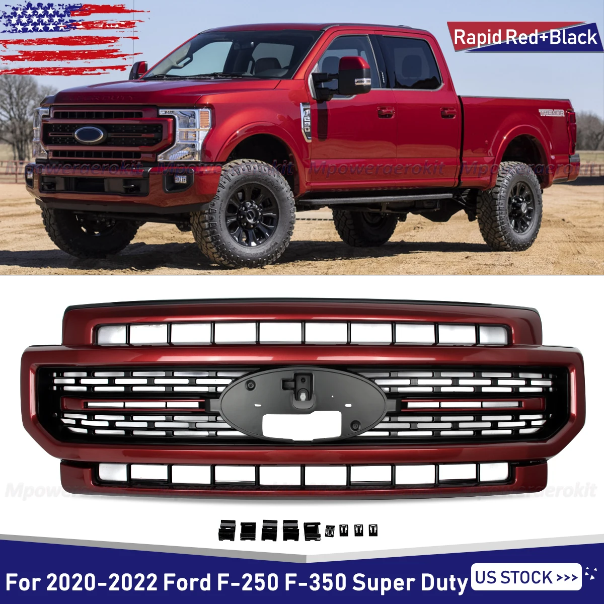 For Ford F250 F350 2020-2022 LARIAT Modified Front Grille Racing Grill Mid-Net Car Grid Splitter Upper Bumper Hood Mesh Grills