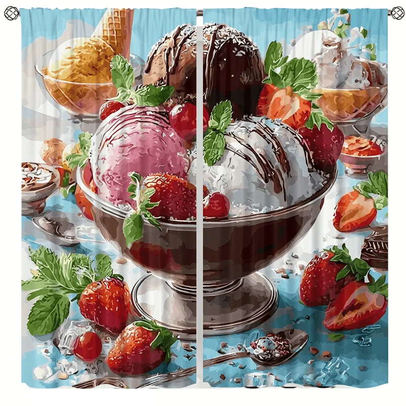 Strawberry ice cream dessert pattern, high-definition digital printing, cordless design, machine washable top pole-hanging style