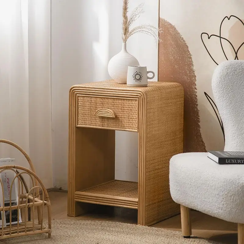 Mesita de noche de ratán tejida a mano, mesita de noche moderna escandinava, muebles de estilo Vintage para espacio pequeño, dormitorio, vacaciones, Renta
