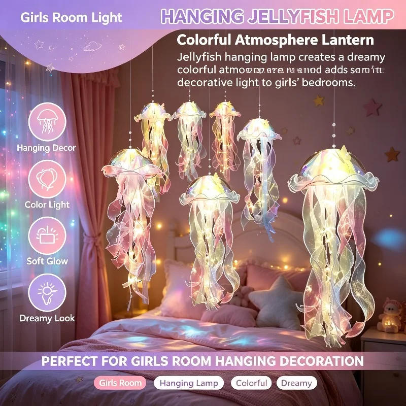 Colorful Hanging Jellyfish Lamp Atmosphere Lantern for Girls Room Bedroom Dreamy Soft Glow Light Kids Gift Bedside Decor