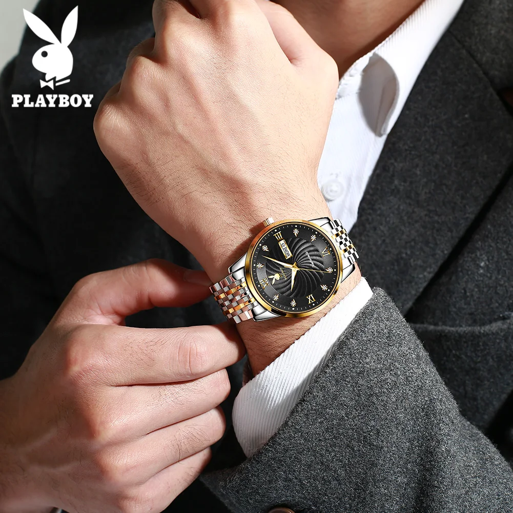 PLAYBOY Ultra Thin Dial Man Watch Stainless Steel Automatic Mechanical Luxury Watches for Men High Quality Men\'s Wrist Watches