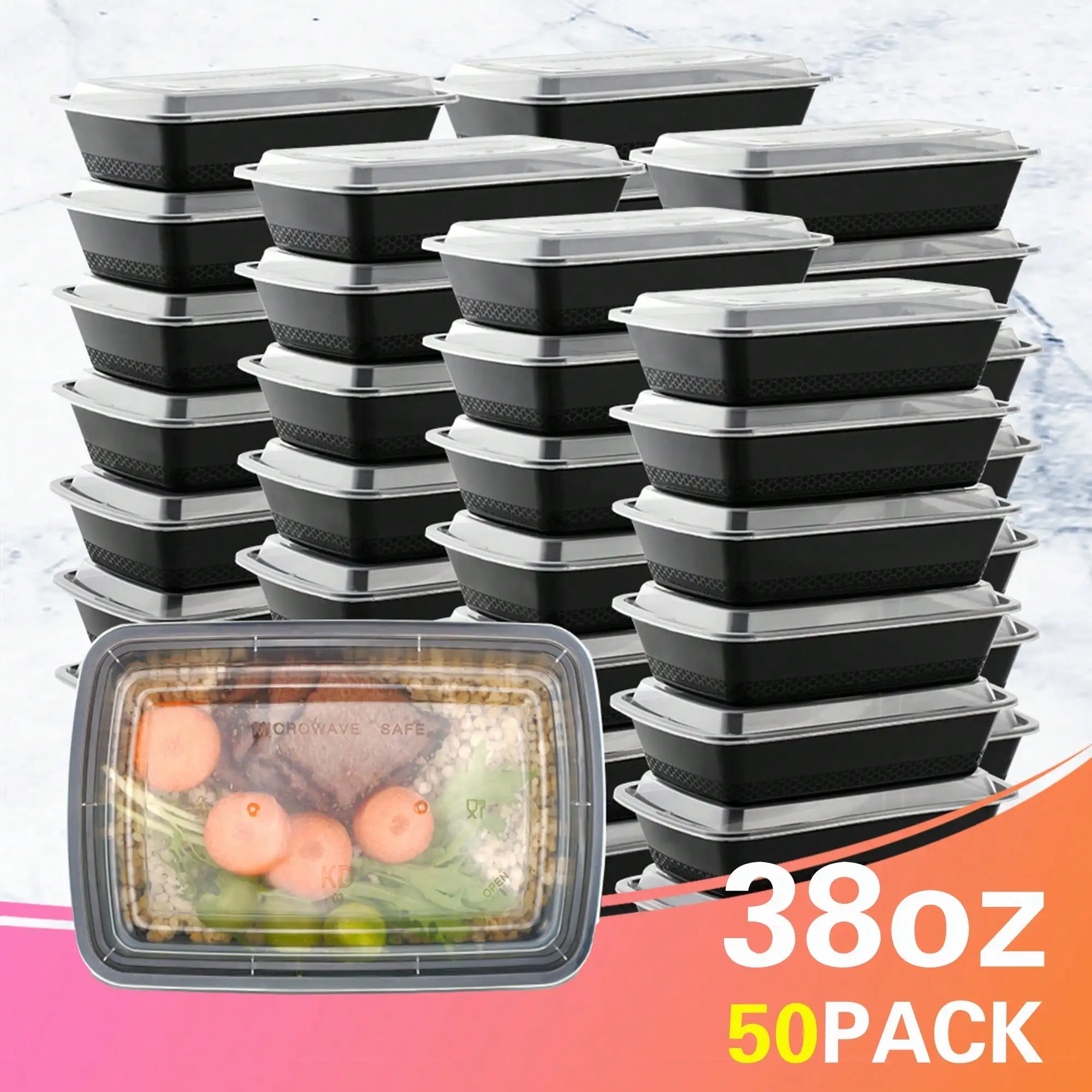 100pcs 38oz Black Rectangular Bento Box, Food Storage Containers With Lids, Disposable Plastic To Go Containers, Bento Box, Stackable, Leak-Proof, MicrowaveSafe, DishwasherSafe, Kitchen Organizers And Storage