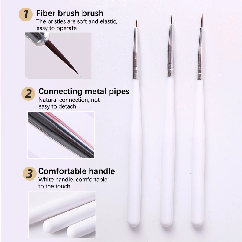 مجموعة من 3 فرش أكريليك لفن الأظافر ، فرنسي ، مخطط ، أطراف ثلاثية الأبعاد ، مانيكير ، نحيل ، رسم ، جل بالأشعة فوق البنفسجية ، أدوات الرسم
