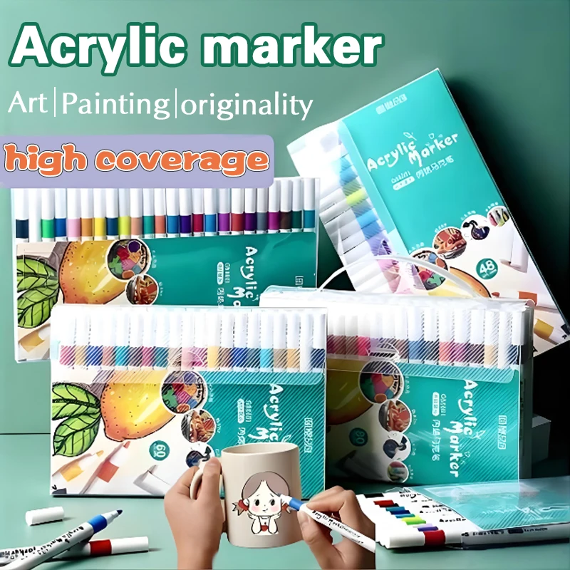 

12-80 Colors Acrylic Markers Pen Set Paint Art Marker Soft Tip Pen for Children Stone Paint Ceramic Glass Wood Fabric Painting
