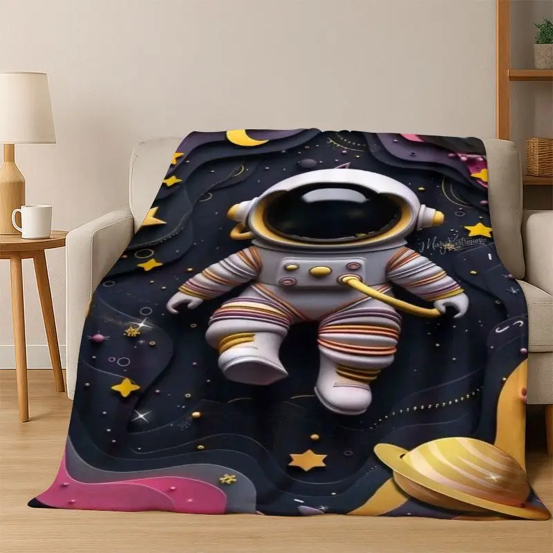 Cartoon Astronaut Universe Spaceman Outer Space Flannel Blanket Soft Warm Throw Blanket for Bedroom Living Room Bed Travel