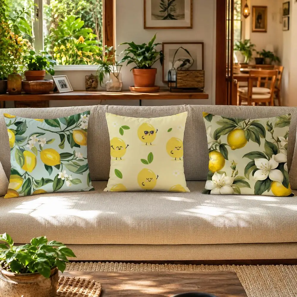 Summer Lemon Pattern Cushion Cover Skin-Friendly Organic Linen Pillow Cover Durable Hypoallergenic Washable Soft