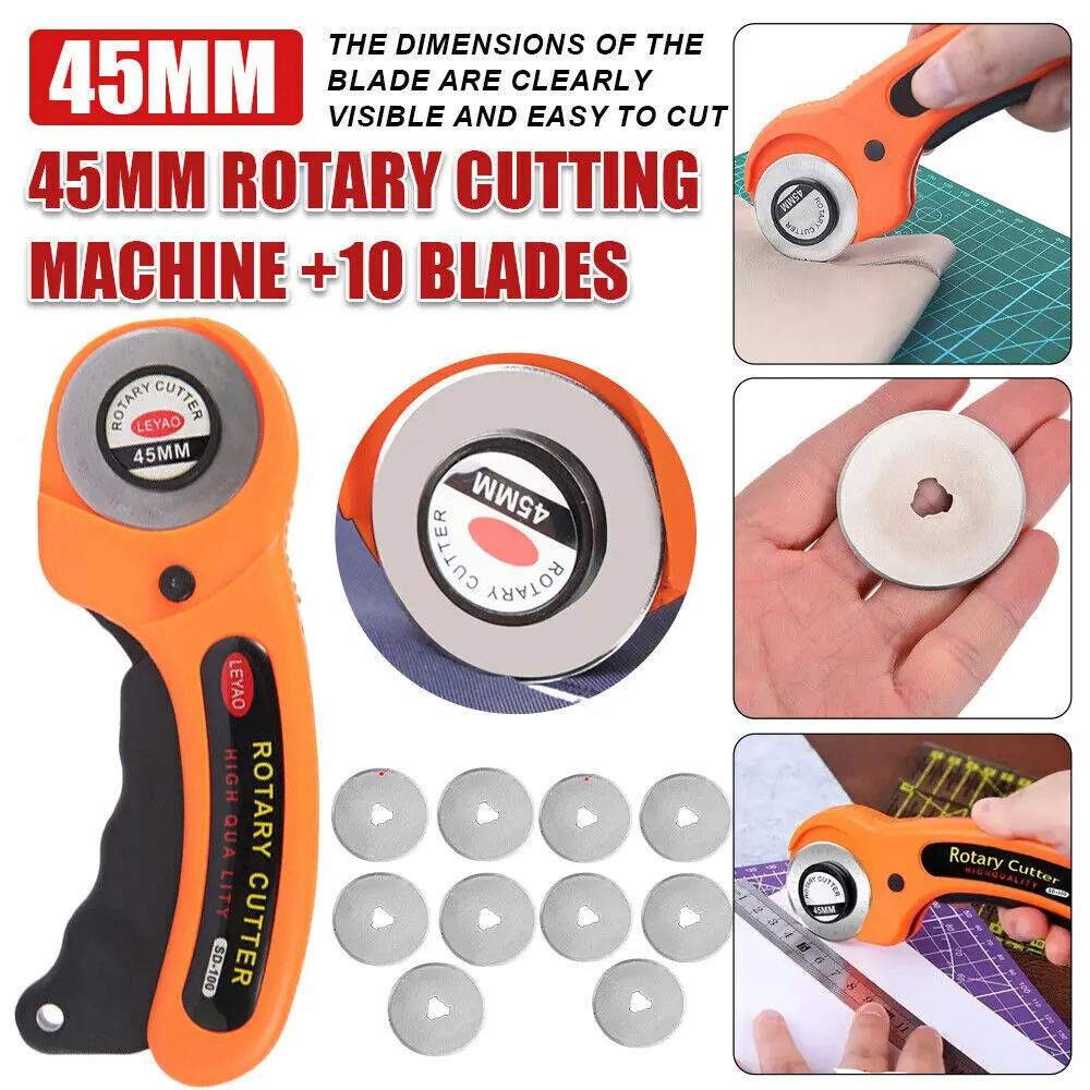 45Mm Round Wheel Rotary Cutter Quilting Sewing Roller Cutting Tool + 10 Blades