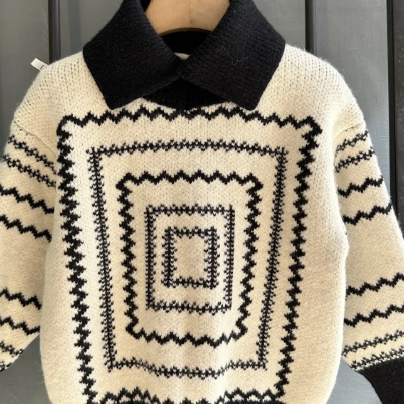 Children's Knitted Sweaters Boys Polo Collar Knitted Sweater Winter Warm Pullover Fashion Knitwear for Kids