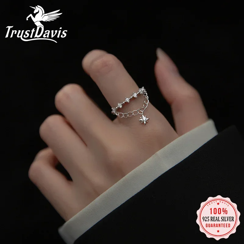 TrustDavis Real 925 Sterling Silver Sweet Double Layer Chain CZ Opening Rings For Women Wedding Party Fine S925 Jewelry DA2570