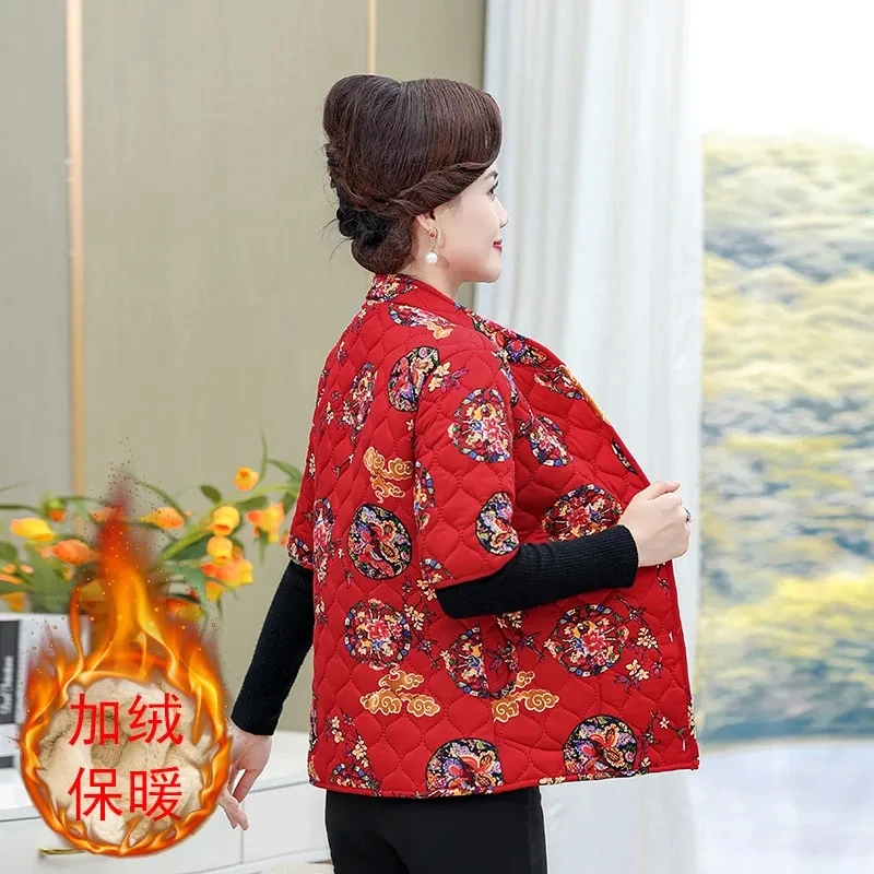 Chaleco grueso de felpa para madre de mediana edad, chaqueta polar de media manga con estampado informal, Tops gruesos, Otoño e Invierno