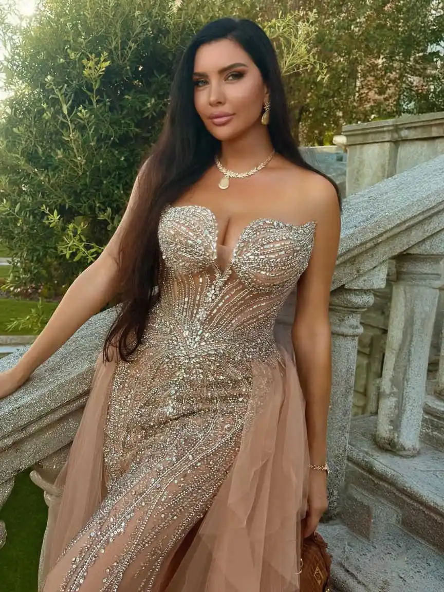 Ontwerper zeemeermin avondjurk strapless kristal kralen galajurken mode mouwloze vloerlengte feestjurken op maat