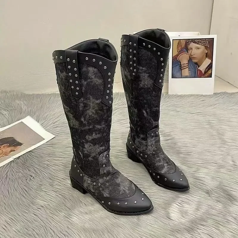 

Женские сапоги. Ковбойские сапоги до колена в европейском и американском стиле. Высокие каблуки в стиле ретро. Модные рыцарские сапоги.