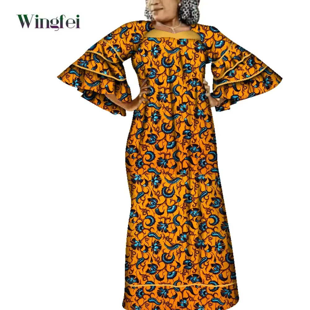 Ankara Fashion Robe Africaine Floral Print African Clothing Maxi Long Bell Sleeves Dashiki African Dresses for Women WY3937