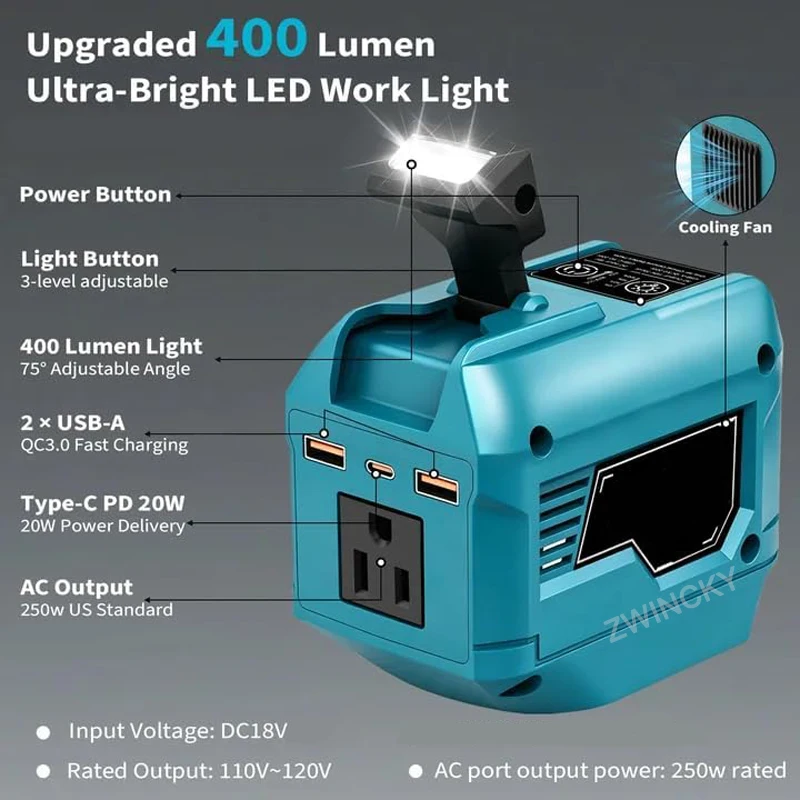 DC 18V To AC 110V/220V Inverter For Makita/Dewal/Milwaukee 18V Li-ion Battery With USB Type-C AC Output Port Portable Inverter