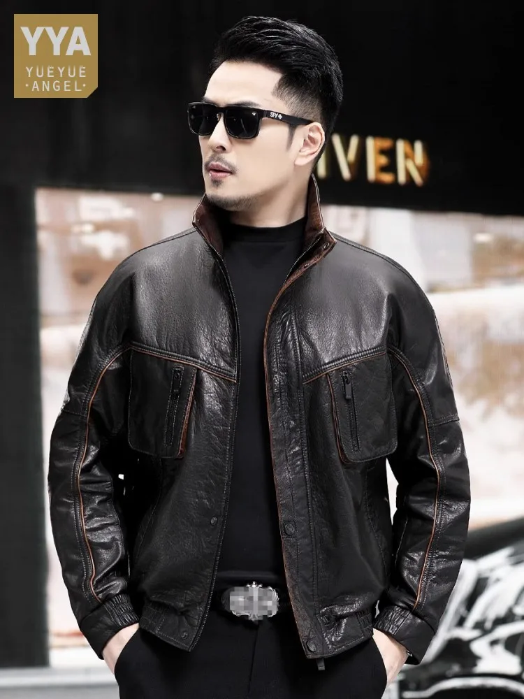 High Quality Men Oil Wax Cowhide Genuine Leather Jacket Pockets Loose Fit Motorcycle Riding Coat Autumn Windproof Outwear Jacket