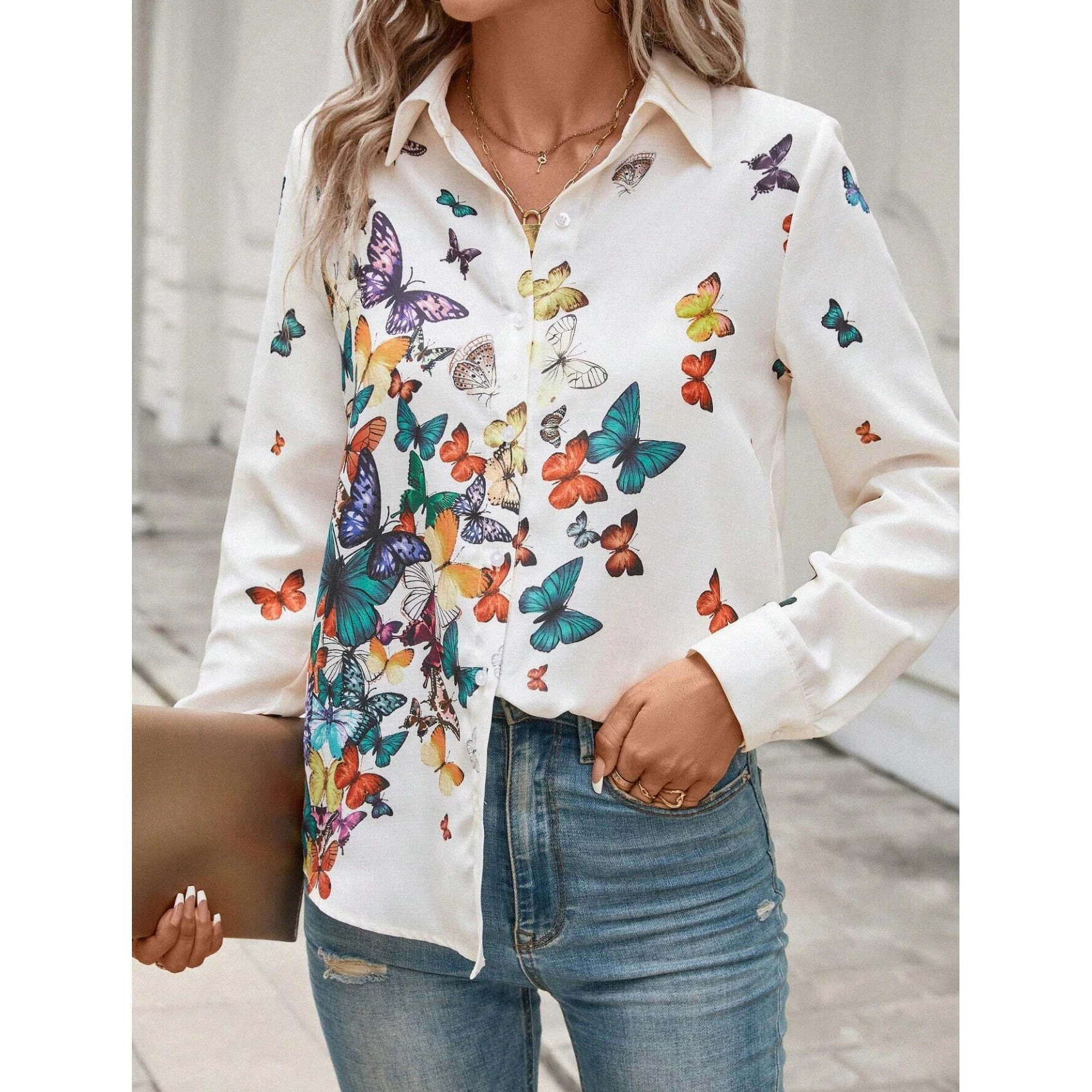 2024 Summer Love Graphic Blouses Long Sleeve Button Down Shirts Women Streetwear Loose Versatile Stand Collar Printed Shirts Top