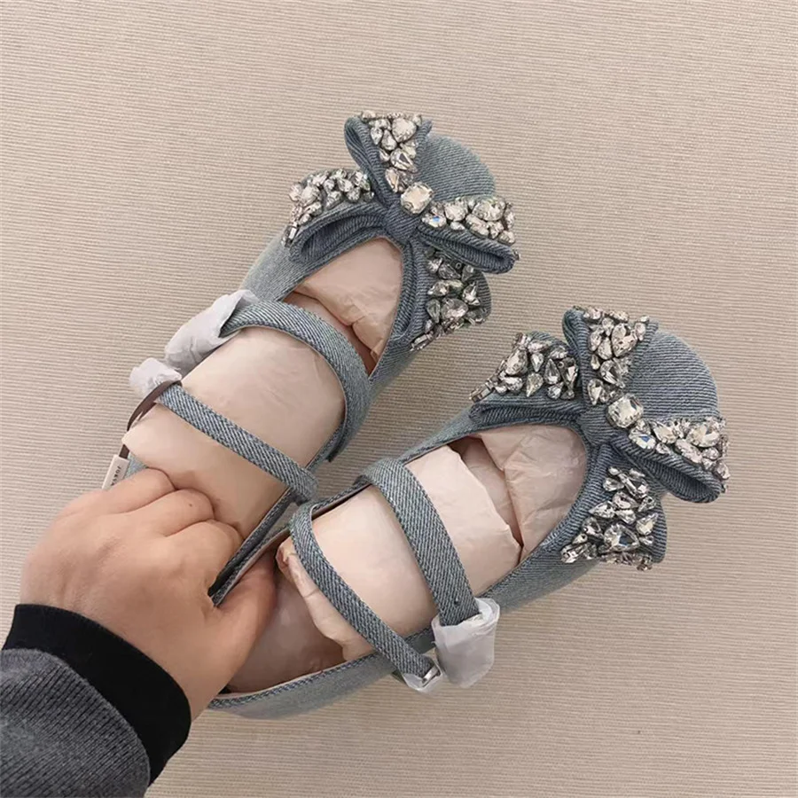 

Luxury Rhinestone Mary Janes Women Cute Bowknot Ballet Flats Double Buckle Straps Flat Shoes Woman Round Toe Walking Espadrilles
