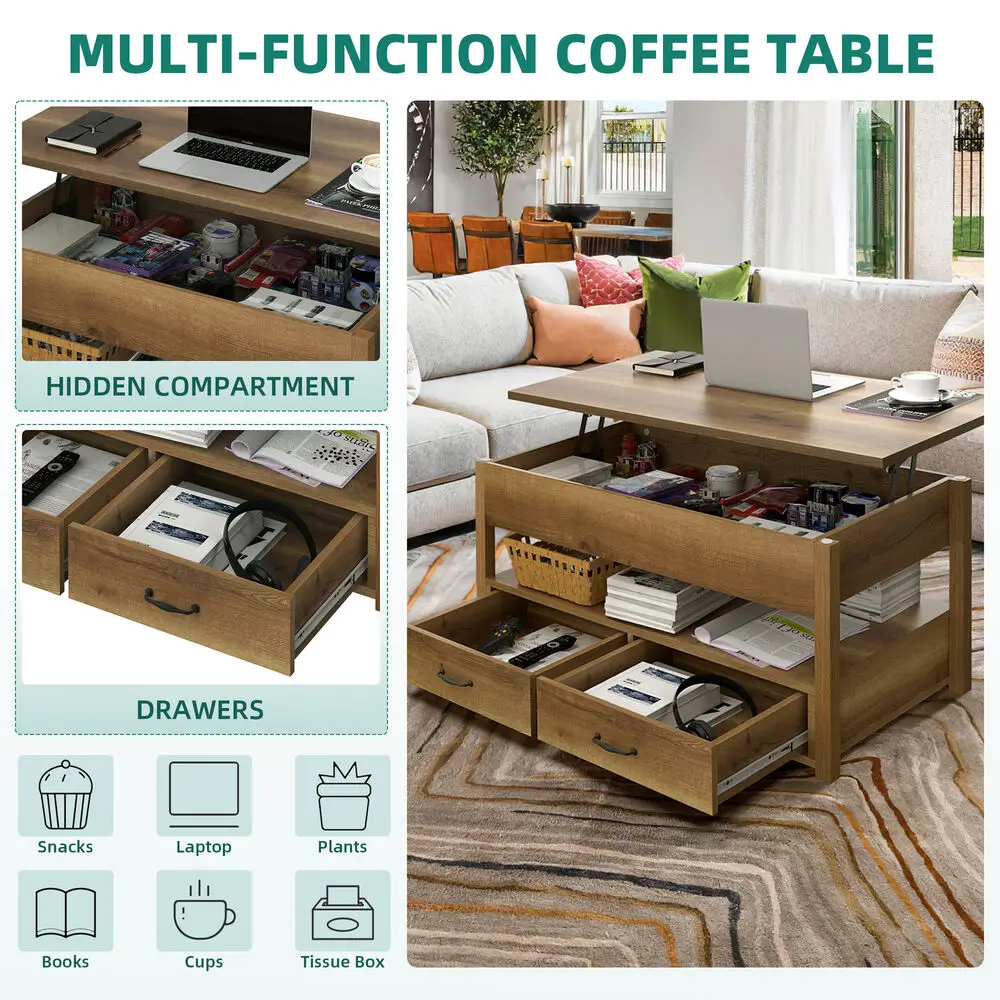 2 Drawer Lift Top Coffee Table Wooden with Hidden Compartment & Storage Shelves