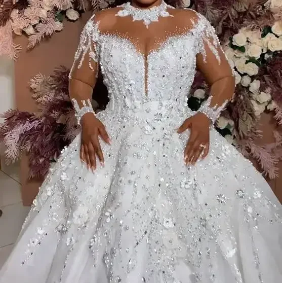 Customized New African Shining Sequin Wedding Dress Lace Princess Big Ball Gown Long Sleeve Elegant Bridal Gown