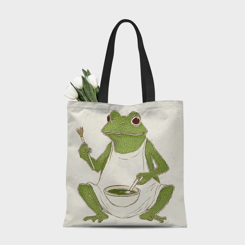 1Pc Cute Frog Tote Bag For Women Men Reusable Shopping Bag Boho Portable Shoulder Bag Perfect For Shopping Travel Work