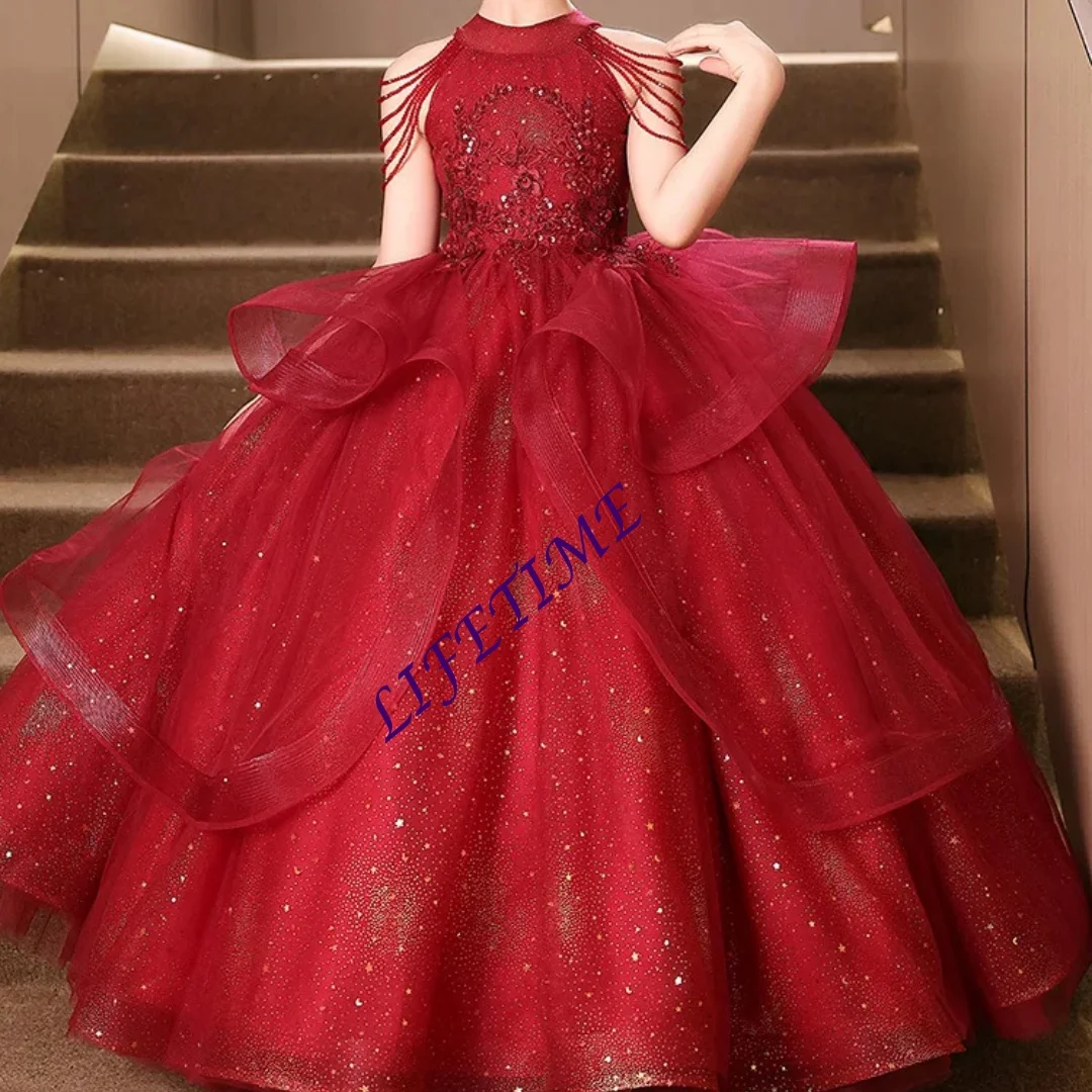 Customized Red Girls' Summer Evening Dress Luxury High-End Princess Costume for Children's Piano Performances