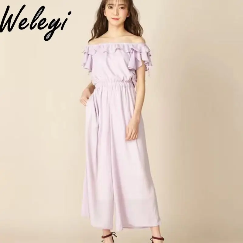 Korean Fashion Sweet Onesie Jumpsuit Autumn Kawaii High Waist Solid Color Ruffle Edge One Word Collar Rompers Womens Jumpsuits