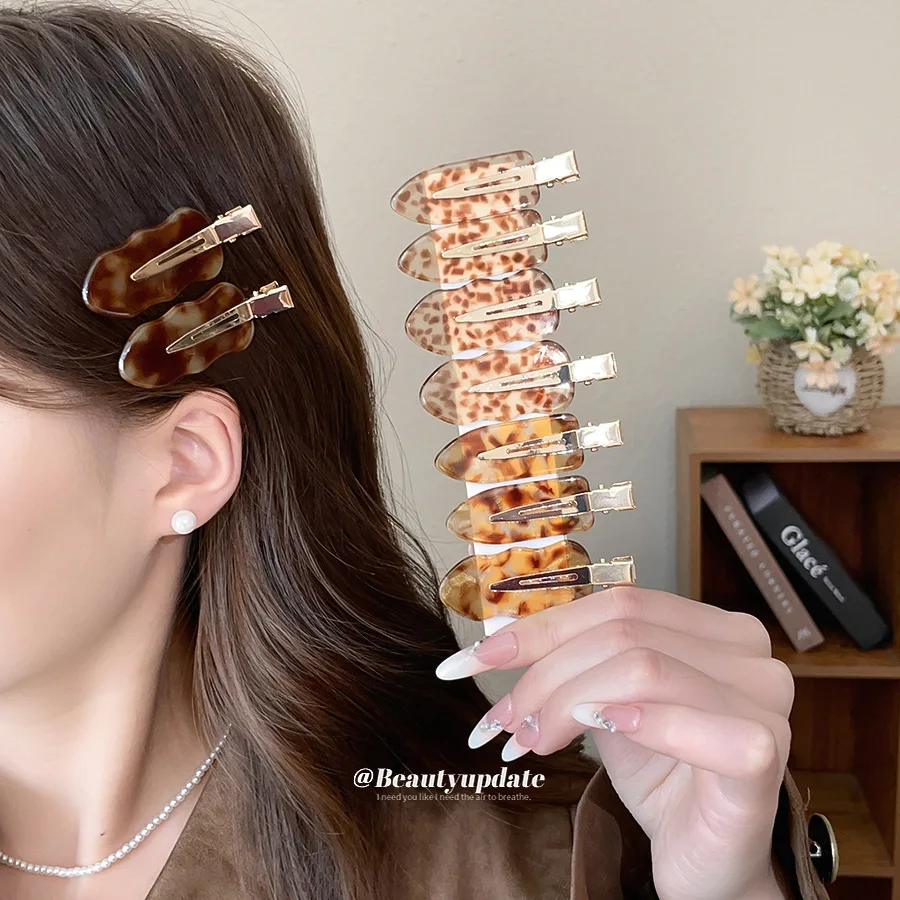 Tortoiseshell Leopard Print Hairpin Retro Wave Edge Duckbill Clip Set Chic Side Fringe Hair Grip Stylish Women Headwear Accent