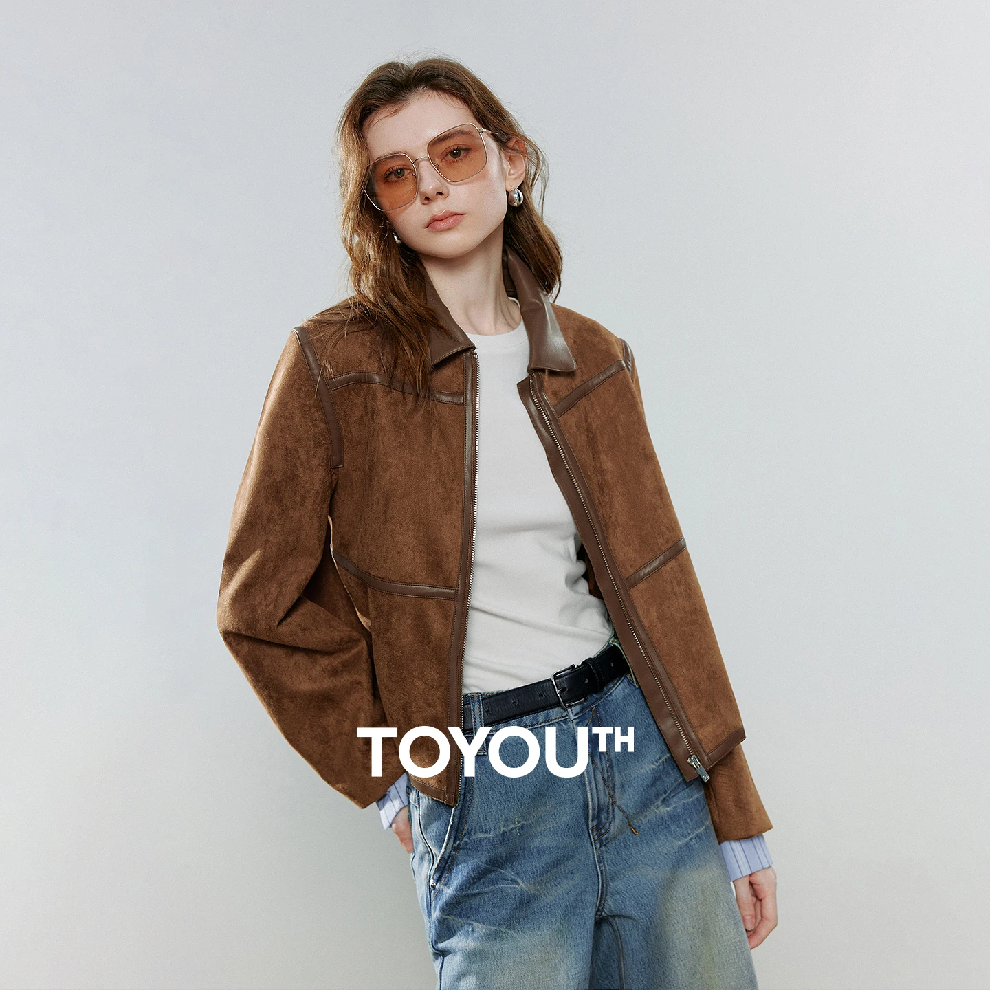 

TOYOUTH женские кофейные замшевые куртки 2026, весенние новые кожаные лоскутные янтарные мерцающие пальто