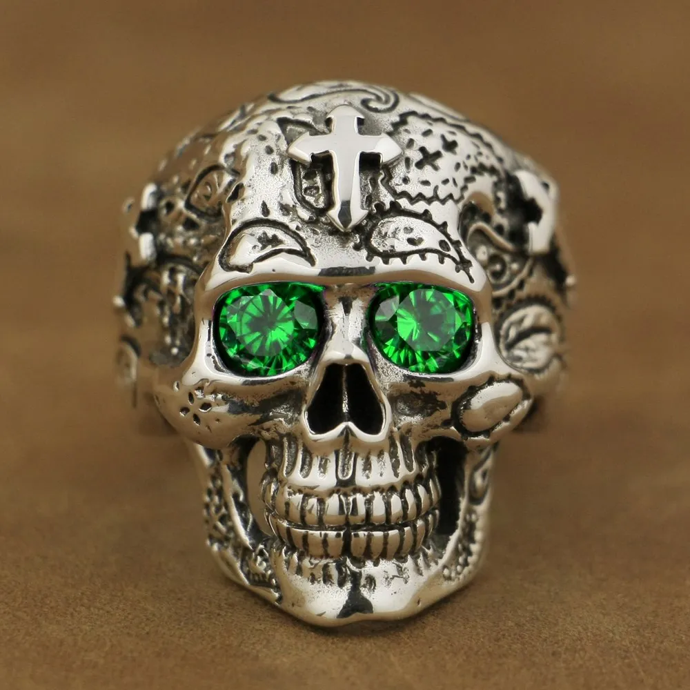 Green CZ Eyes Details 925 Sterling Silver Skull Cross Ring TA57 US Size 7 to 15 BZ