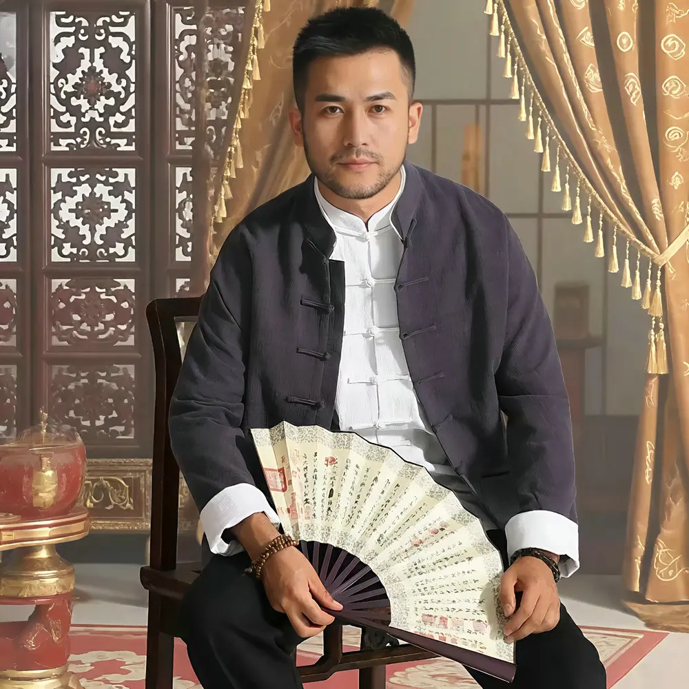 

Мужские льняные пальто для отдыха, белые двусторонние манжеты, дизайнерская куртка с воротником-стойкой, дизайнерская одежда, восточный эстетичный вид