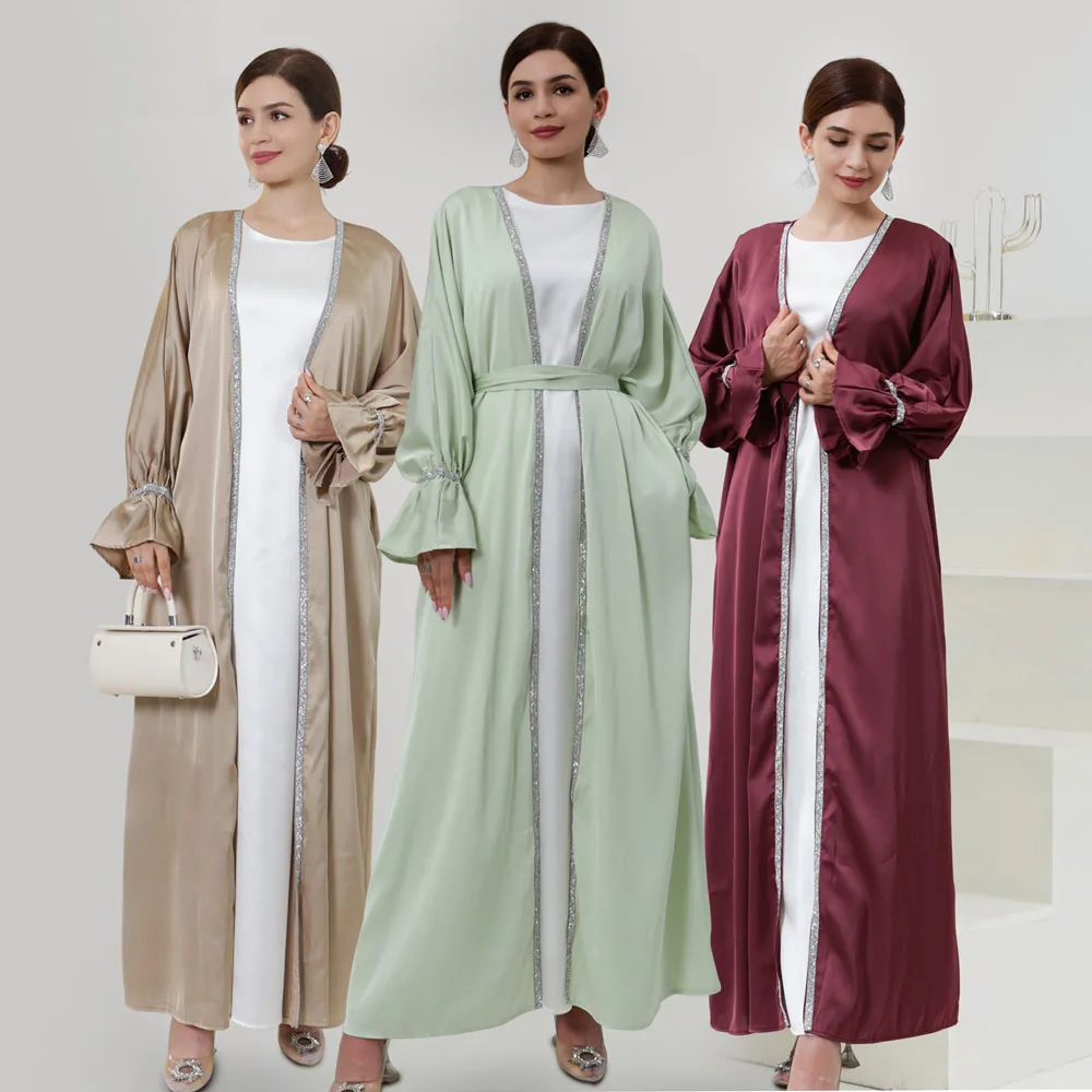 New Eid Ramadan Open Abaya Silk Satin Cardigan Women Muslim Dress Kimono Abayas Islamic Jalabiya Dubai Turkey Kaftan Arabic Robe