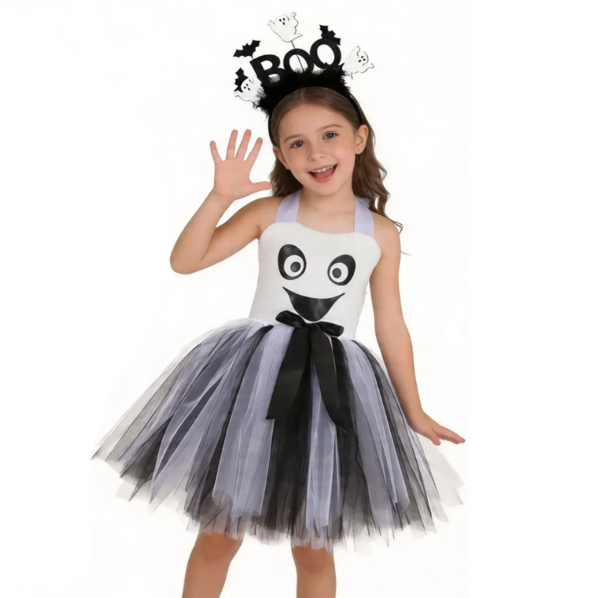 Niedliches Halloween-Kleid im Geister-Stil für Kinder, ärmelloses Prinzessinnen-Tutu-Kleid mit Stirnband, Outfit, Partykleid, Bühnenauftrittskleid