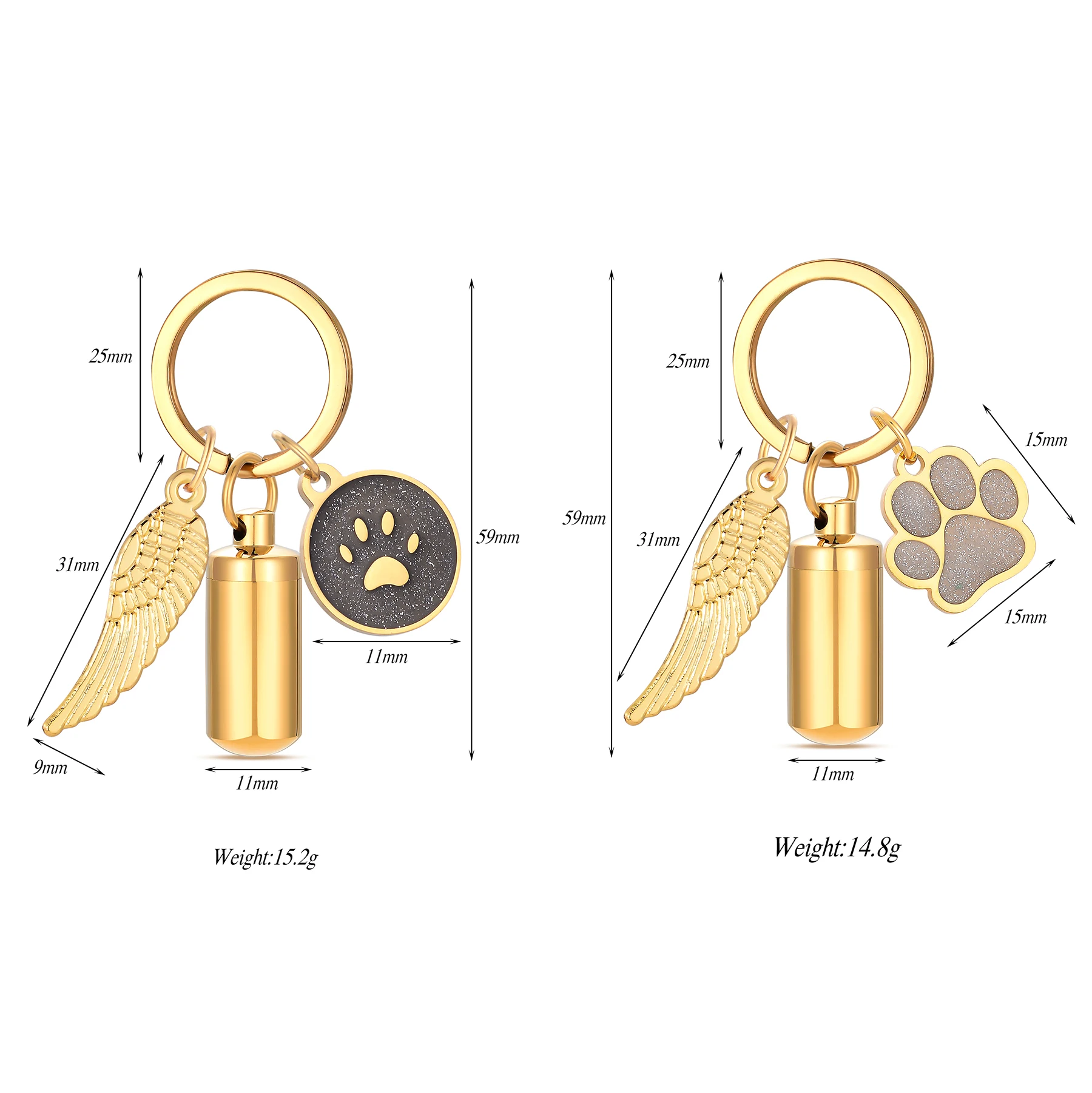 Stainless Steel Cylinder Urn Keychain with Paw Print Wing Pendant Cremation Memorial Pet Cat Dog Ashes Keepsake Gift