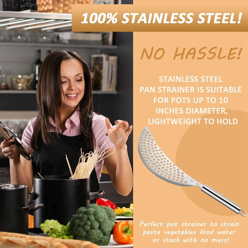 2 Pieces Pot Strainer Stainless Steel Crescent Pot Strainer With Handle Pasta Strainer Pan Pot Strainer With Recessed